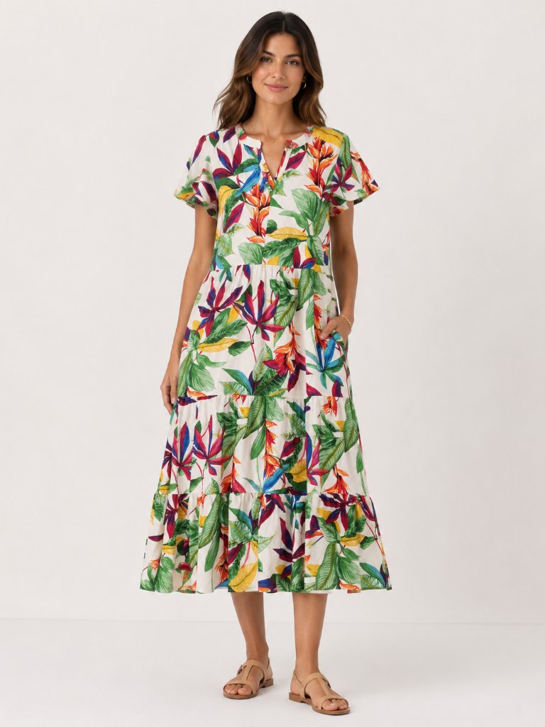 Chico’s Size 1 Tropical Floral Tiered Midi Dress White Multi Resort Vacation